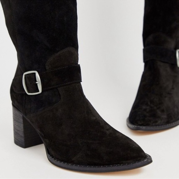 FREE PEOPLE BLACK SUEDE DAHLIASLOUCHY HIGH BOOTS W BUCKLE SIZE 6 - Picture 8 of 8
